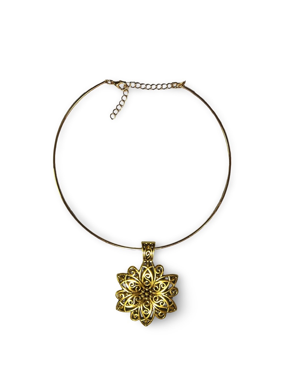 Antique Gold Floral Pendant Choker Necklace – Adjustable Statement Necklace
